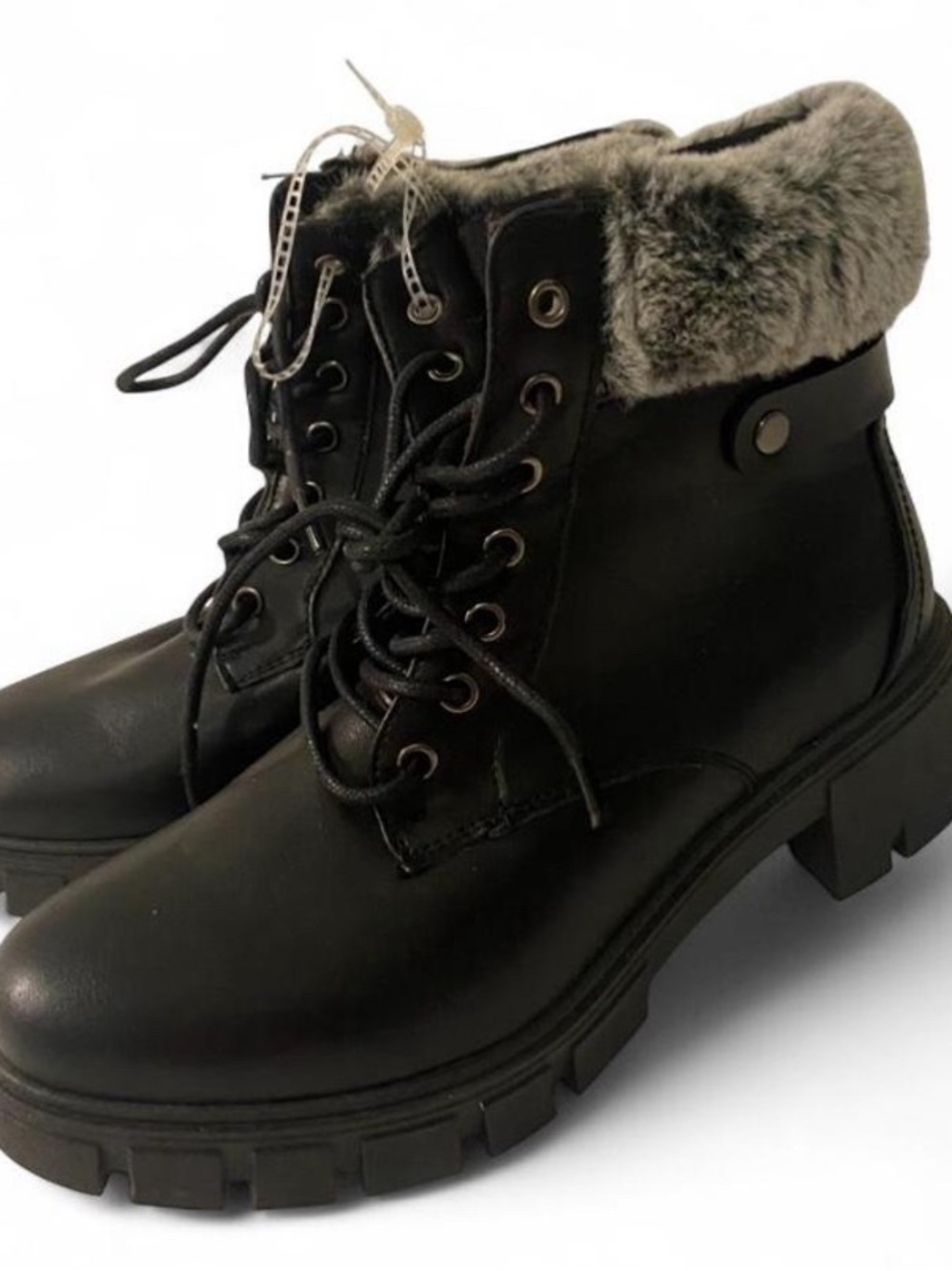 Wanted Black Lace-Up Faux Fur Ankle Boots